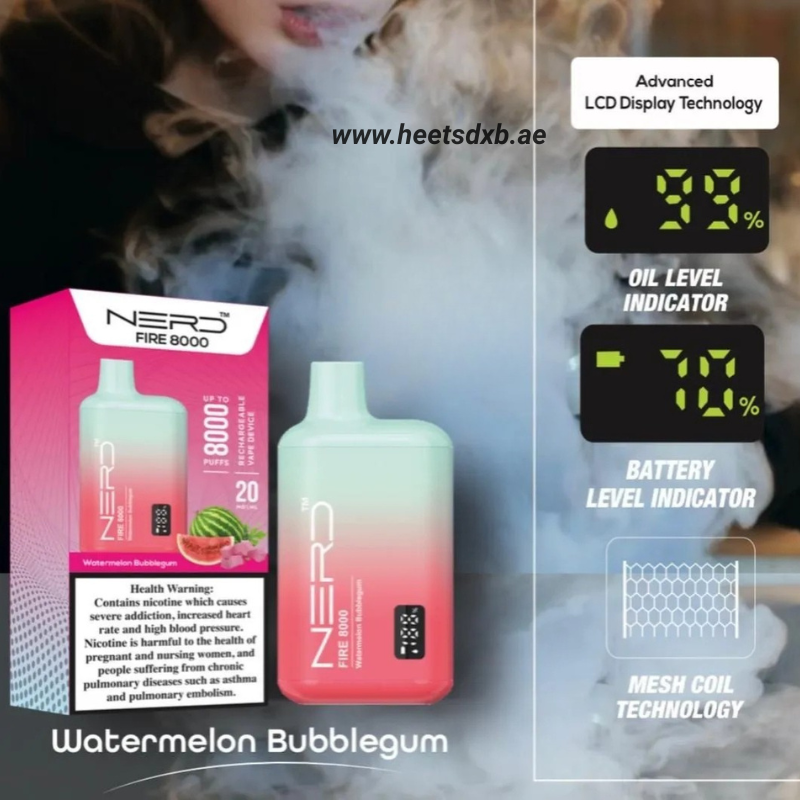 Nerd Fire 8000 Puffs Disposable Vape In Dubai Watermelon Bubblegum
